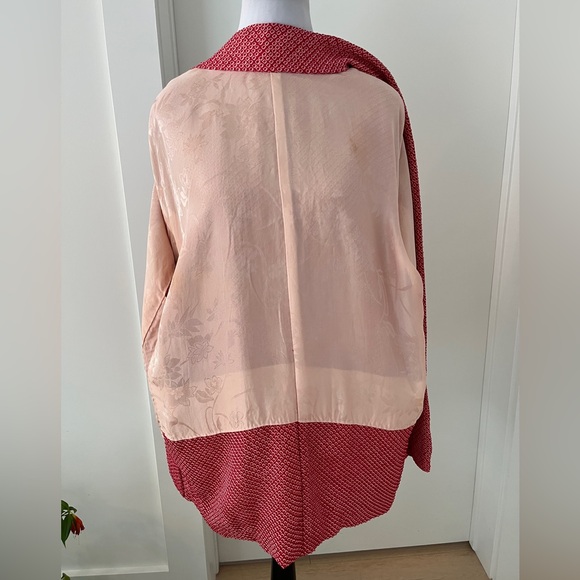 HAORI Kimono Sleeve Japanese Jacket Red Textured Fabric Jacquard Floral Lining - Picture 12 of 16